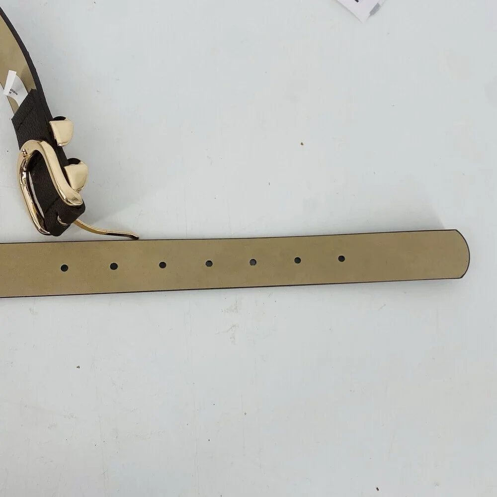Vince Camuto Brown Vegan Leather Belt Large Gold Buckle Faux Leather Modern